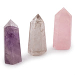 85mm 3pc Set Natural Polished Amethyst, Smoky Quartz, Rose Quartz Crystal Point Wand w/ Carry Pouch