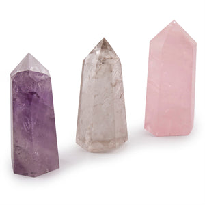 85mm 3pc Set Natural Polished Amethyst, Smoky Quartz, Rose Quartz Crystal Point Wand w/ Carry Pouch