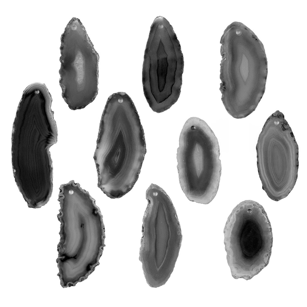 
            
                Load image into Gallery viewer, 10pc Set of Thin Dyed Black Agate Crystal Pendant Slabs Slices with 2mm Hole
            
        
