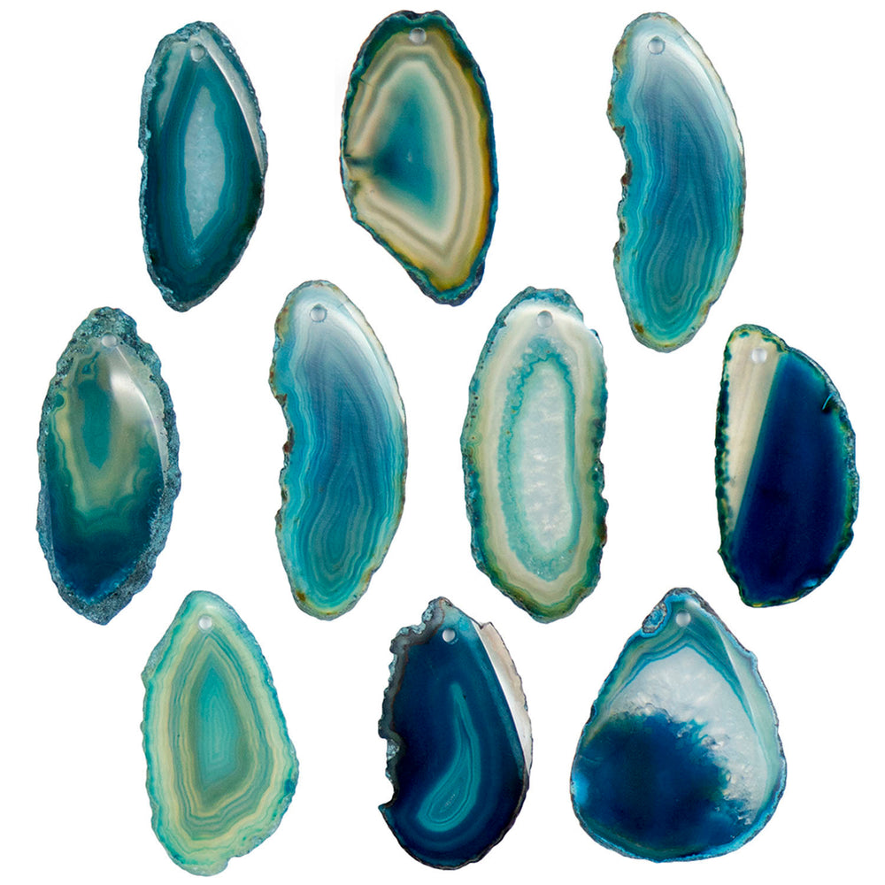 10pc Set of Thin Dyed Teal Agate Crystal Pendant Slabs Slices with 2mm Hole