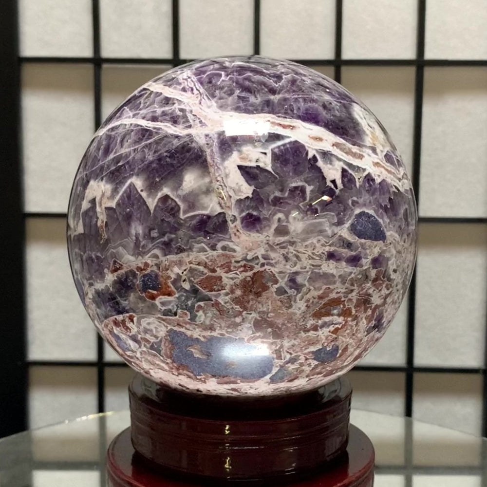 14cm 3.94kg Polished Chevron Amethyst Sphere on Stand from Zambia