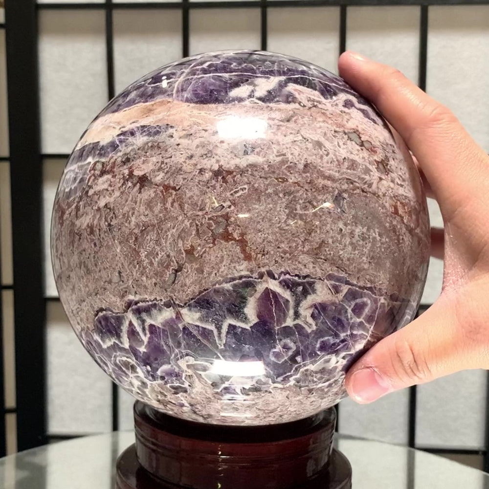 
            
                Load image into Gallery viewer, 17cm 6.39kg Polished Chevron Amethyst Sphere on Stand from Zambia
            
        