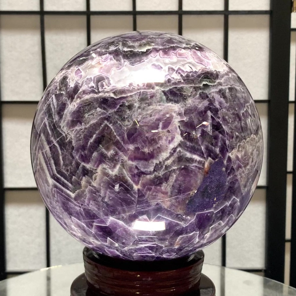 
            
                Load image into Gallery viewer, 17.5cm 7.28kg Polished Chevron Amethyst Sphere on Stand from Zambia
            
        