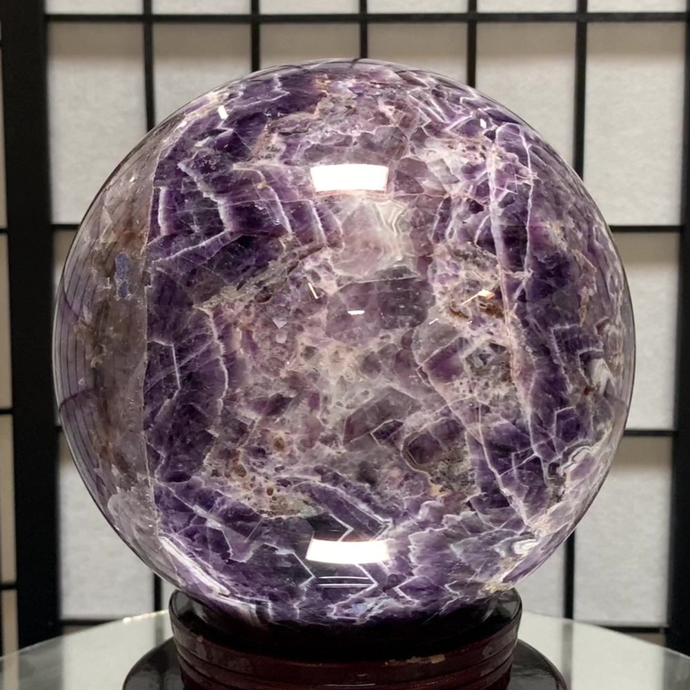 
            
                Load image into Gallery viewer, 17.5cm 7.66kg Polished Chevron Amethyst Sphere on Stand from Zambia
            
        