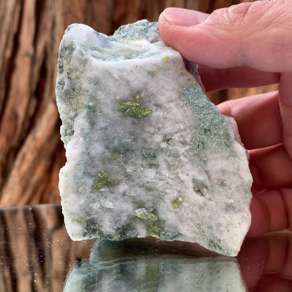 7.5cm 270g Green Sphene on Calcite from Shelisa Mine, Arundo, Shigar District, Gilgit-Baltistan, Pakistan