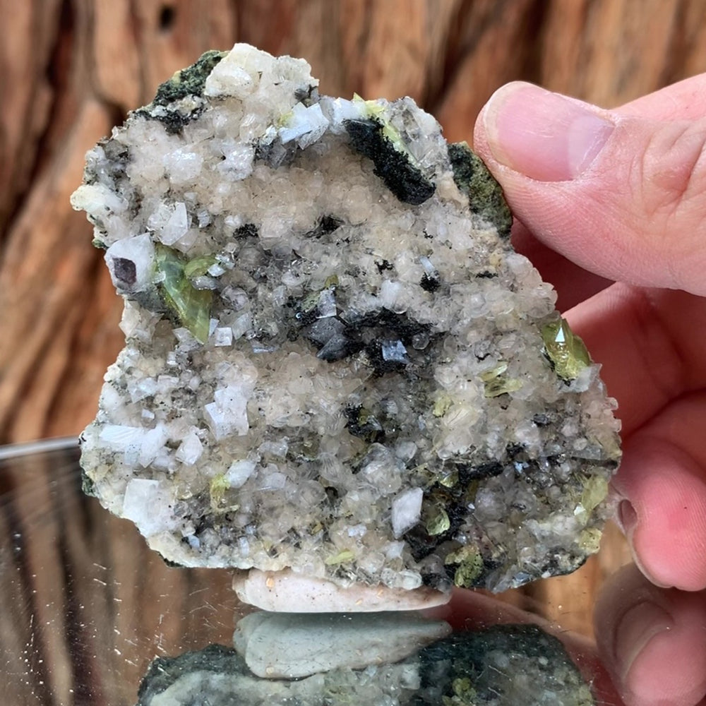 8cm 105g Green Sphene on Calcite from Shelisa Mine, Arundo, Shigar District, Gilgit-Baltistan, Pakistan