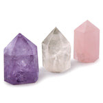 50mm 3pc Set Natural Polished Amethyst, Smoky Quartz, Rose Quartz Crystal Point Wand w/ Carry Pouch