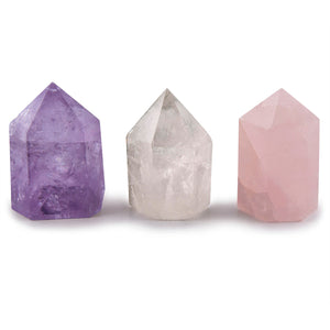 3pc Set 50mm Polished Amethyst, Smoky Quartz, Rose Quartz Points w/ Carry Pouch