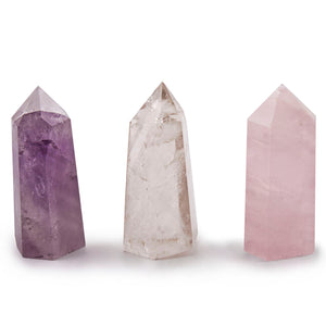 3pc Set 85mm Polished Amethyst, Smoky Quartz, Rose Quartz Points w/ Carry Pouch