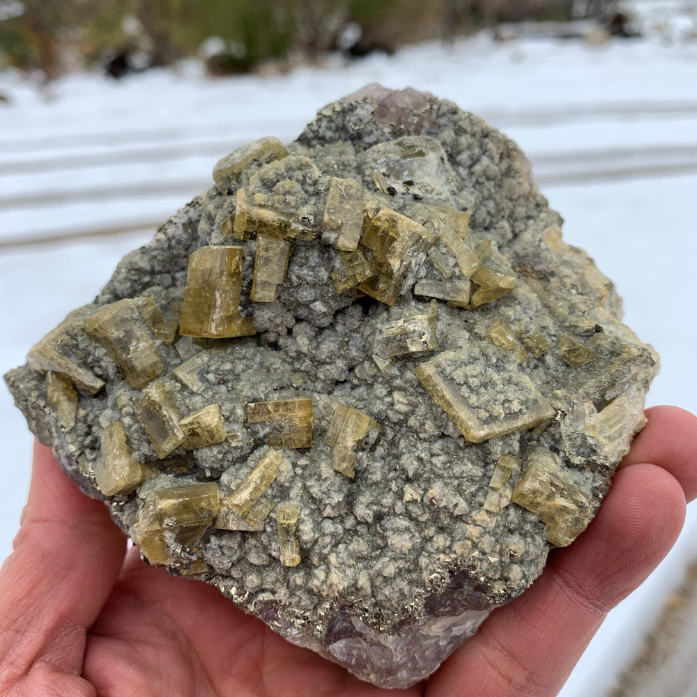 10cm 716g Golden Barite, Pyrite on Fluorite Matrix from Xiefang Mine, Jiangxi, China