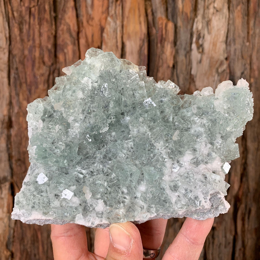 
            
                Load image into Gallery viewer, 14.5cm 512g Green Fluorite with Calcite from Xianghualing, Hunan, China
            
        